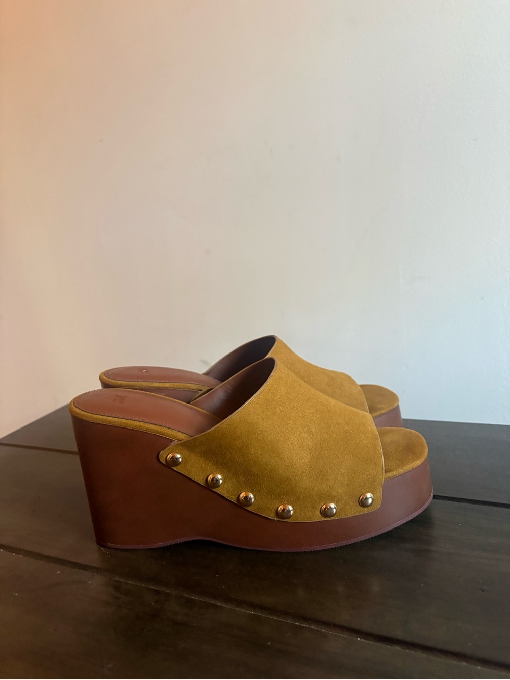 H&M Mustard Suede Platform Wedge Mules